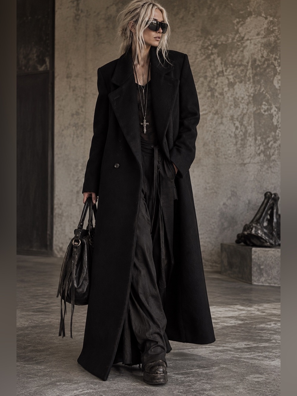 Vintage Tailored Image Black 100% Pure Wool Full Length Double Breasted Coat USA